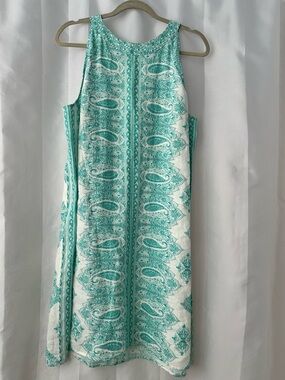 J. Jill Love Linen Boho Coastal White & Teal Paisley Sleeveless Shift Dress